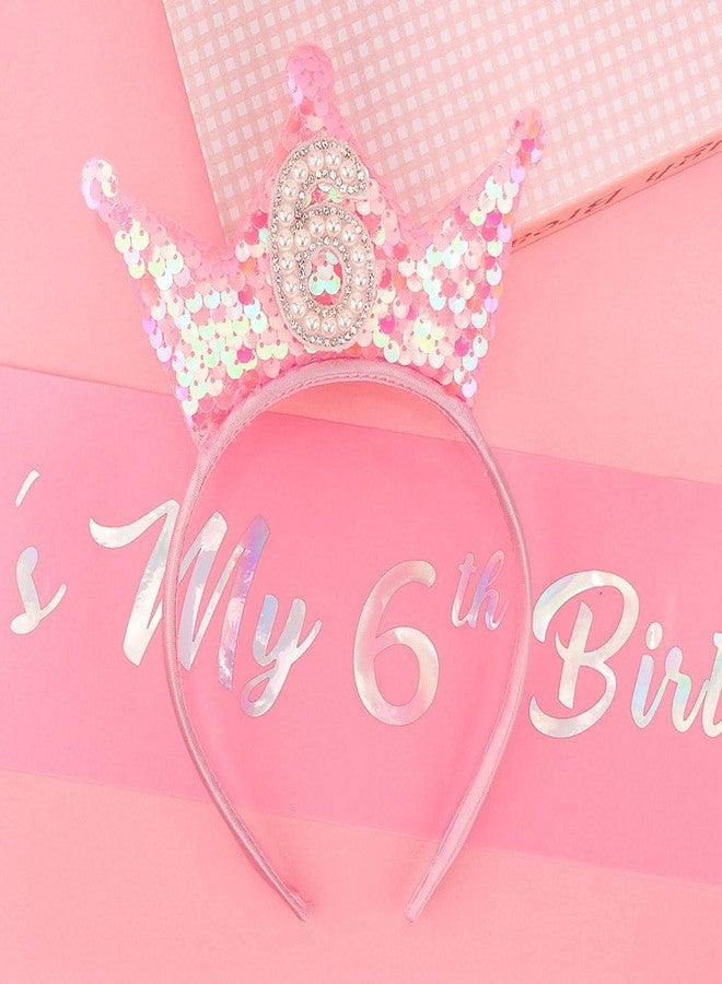 Exacoo 6th Birthday Girl Sash and Headband Set 6th Birthday Decorations for Girls Pink Sequins Pearl Princess Tiara Hairband,6 Year Old Happy Birthday Party Outfit Gifts - Image 2